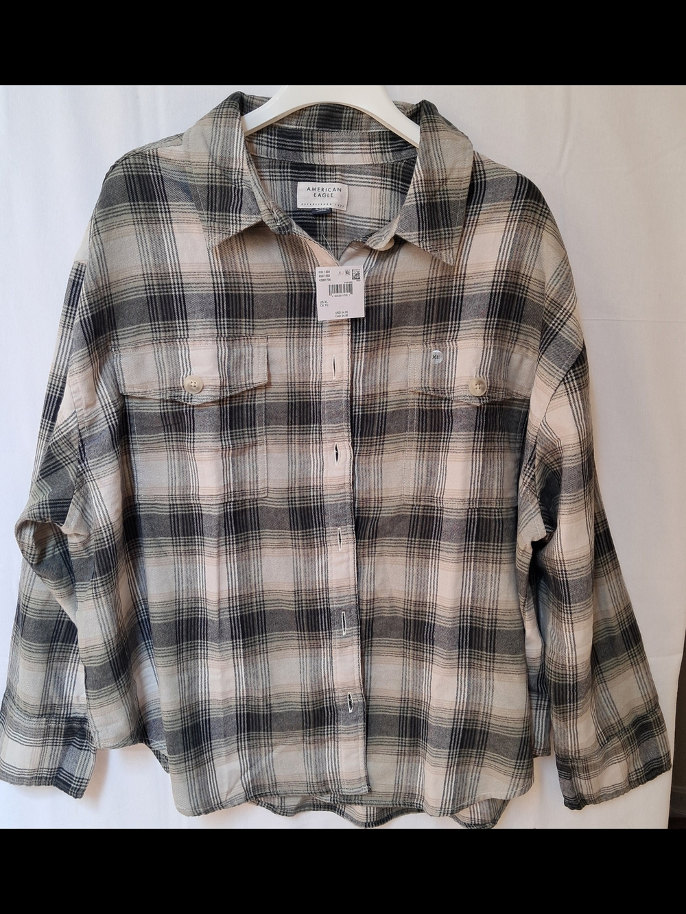 American Eagle Plaid Flannel Button Down Shirt Neutral Cream Grey XL‎ NWT